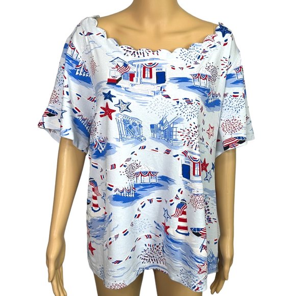 Kim‎ Rogers Womens 2X 4th Of July Short Sleeve Scalloped Neck Blouse Shirt - Picture 1 of 11